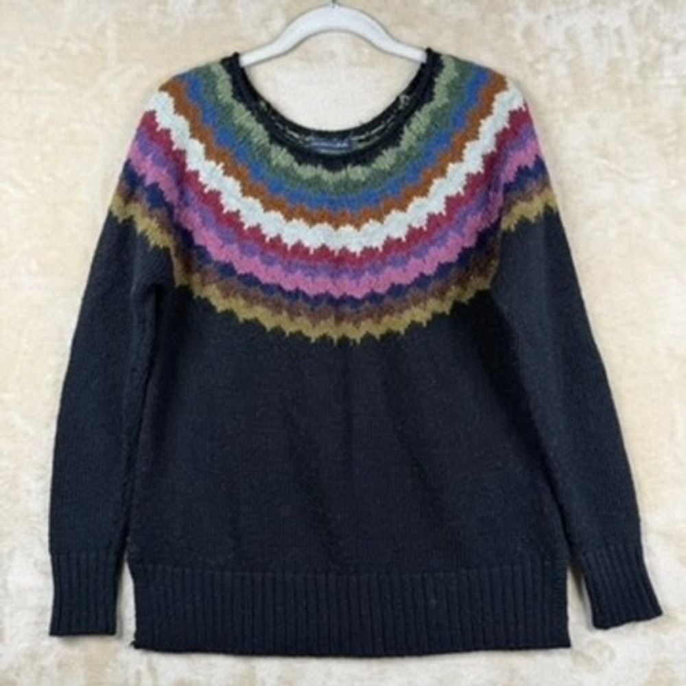 American Eagle Cottagecore Fair Isle Sweater Black Wool Blend Large Cabin Nordic
